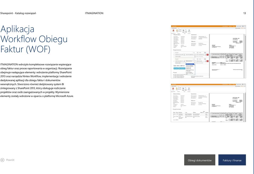 Rozwiązanie obejmuje następujące elementy: wdrożenie platformy SharePoint 2013 oraz narzędzia Nintex Workflow, implementację i wdrożenie dedykowanej aplikacji dla