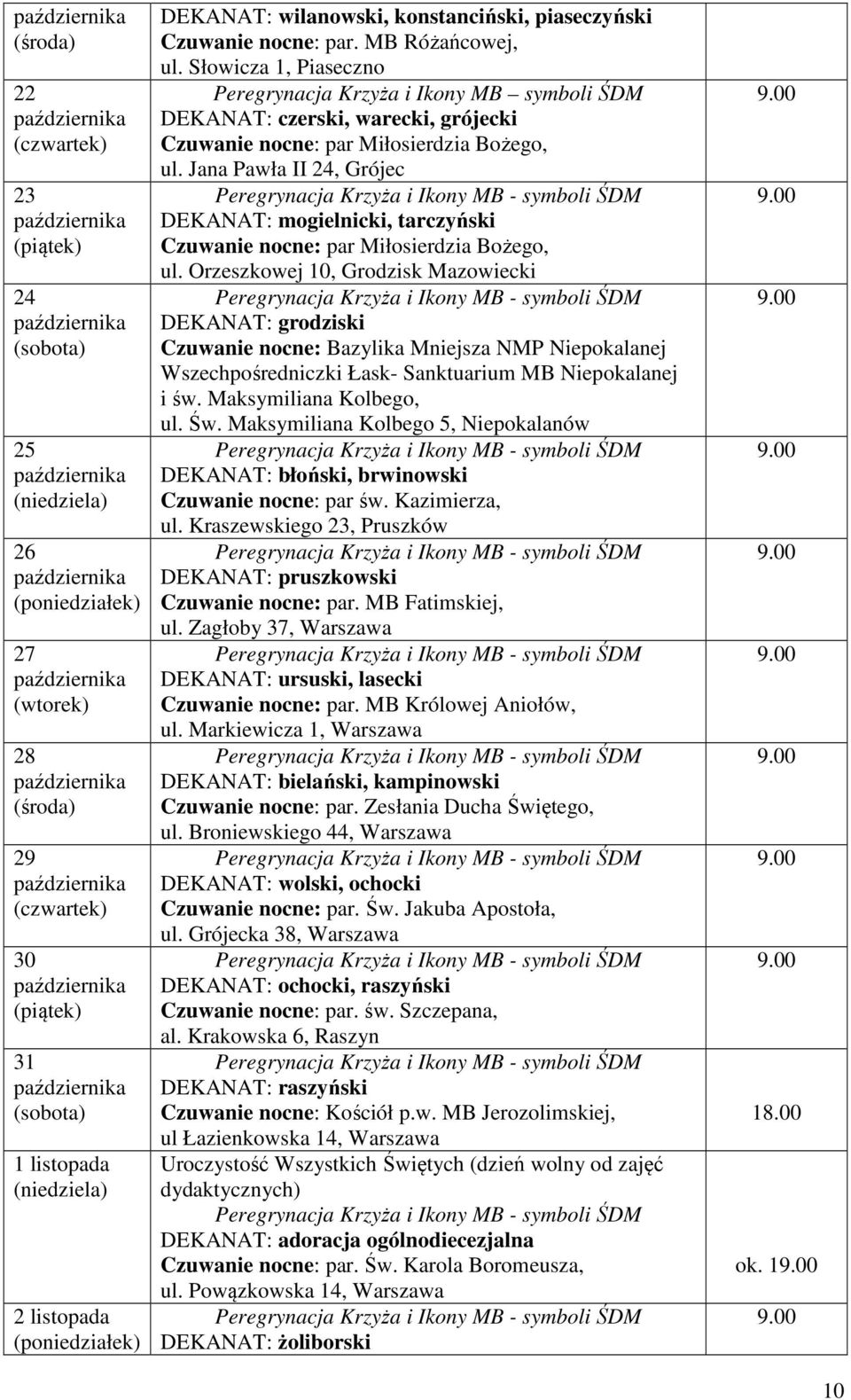 nocne: par. MB Różańcowej, ul. Słowicza 1, Piaseczno Peregrynacja Krzyża i Ikony MB symboli ŚDM DEKANAT: czerski, warecki, grójecki Czuwanie nocne: par Miłosierdzia Bożego, ul.