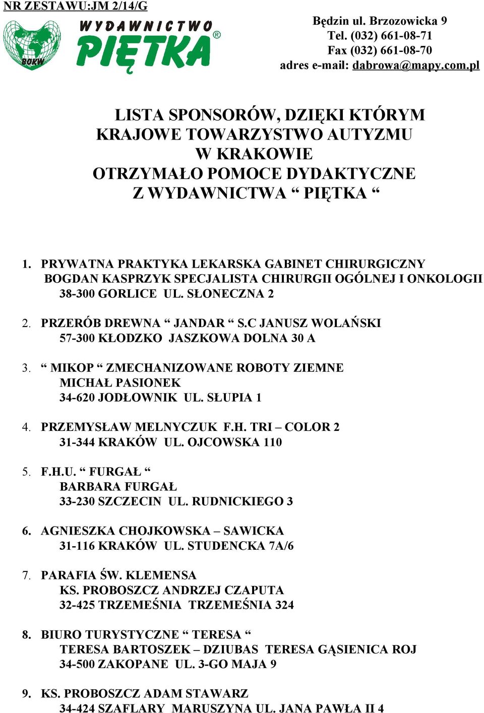 PRYWATNA PRAKTYKA LEKARSKA GABINET CHIRURGICZNY BOGDAN KASPRZYK SPECJALISTA CHIRURGII OGÓLNEJ I ONKOLOGII 38-300 GORLICE UL. SŁONECZNA 2 2. PRZERÓB DREWNA JANDAR S.