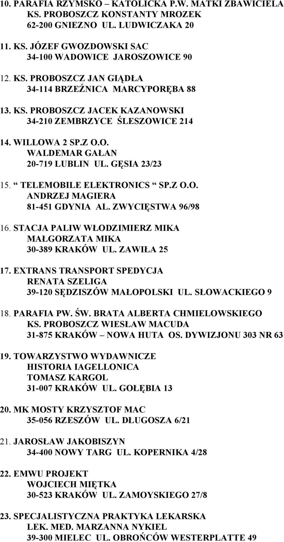 ZWYCIĘSTWA 96/98 16. STACJA PALIW WŁODZIMIERZ MIKA MAŁGORZATA MIKA 30-389 KRAKÓW UL. ZAWIŁA 25 17. EXTRANS TRANSPORT SPEDYCJA RENATA SZELIGA 39-120 SĘDZISZÓW MAŁOPOLSKI UL. SŁOWACKIEGO 9 18.