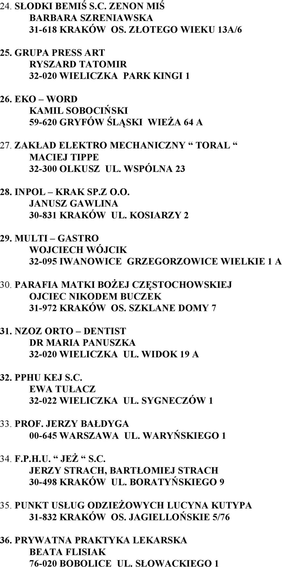 KOSIARZY 2 29. MULTI GASTRO WOJCIECH WÓJCIK 32-095 IWANOWICE GRZEGORZOWICE WIELKIE 1 A 30. PARAFIA MATKI BOŻEJ CZĘSTOCHOWSKIEJ OJCIEC NIKODEM BUCZEK 31-972 KRAKÓW OS. SZKLANE DOMY 7 31.