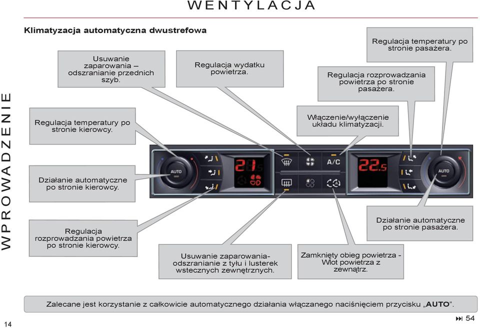 Usuwanie zaparowaniaodszranianie z tyłu i lusterek wstecznych zewnętrznych. Regulacja rozprowadzania powietrza po stronie pasażera. Włączenie/wyłączenie układu klimatyzacji.