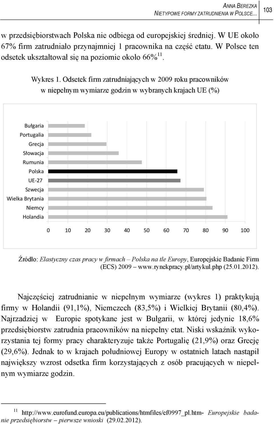 Odsetek firm zatrudniających w 2009 roku pracowników w niepełnym wymiarze godzin w wybranych krajach UE (%) Bułgaria Portugalia Grecja Słowacja Rumunia Polska UE 27 Szwecja Wielka Brytania Niemcy