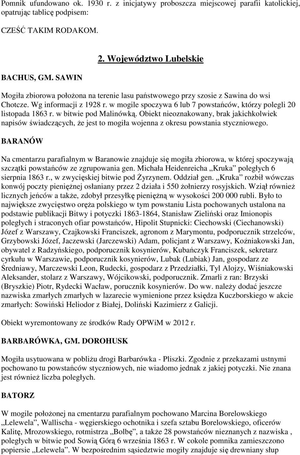 w mogile spoczywa 6 lub 7 powstańców, którzy polegli 20 listopada 1863 r. w bitwie pod Malinówką.