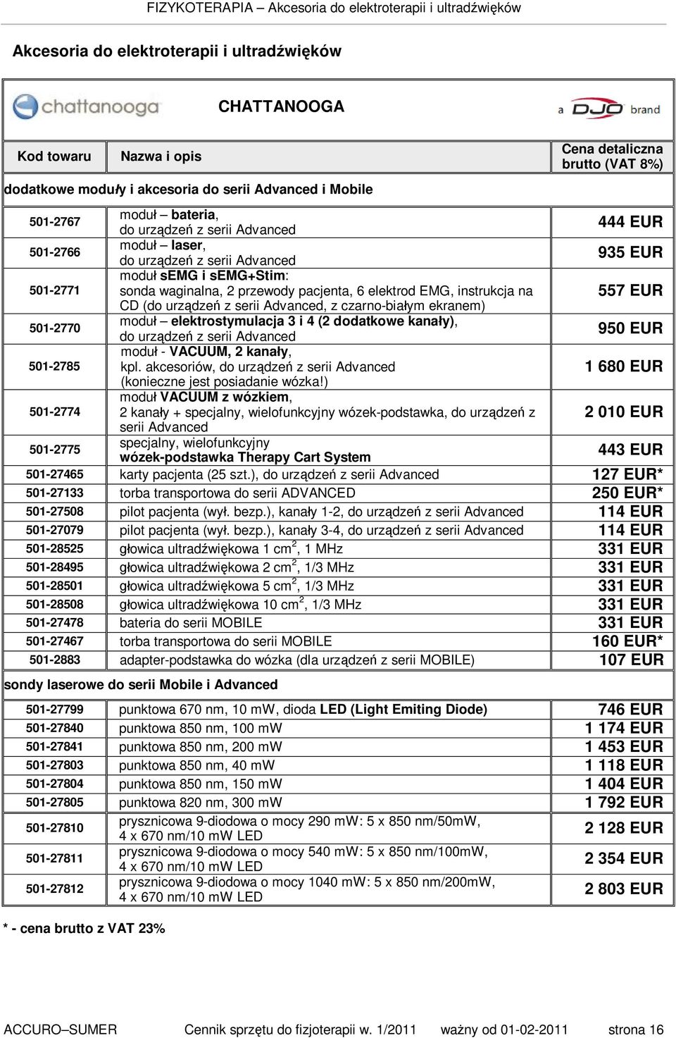 EUR CD (do urządzeń z serii Advanced, z czarno-białym ekranem) 501-2770 moduł elektrostymulacja 3 i 4 (2 dodatkowe kanały), do urządzeń z serii Advanced 950 EUR 501-2785 moduł - VACUUM, 2 kanały, kpl.