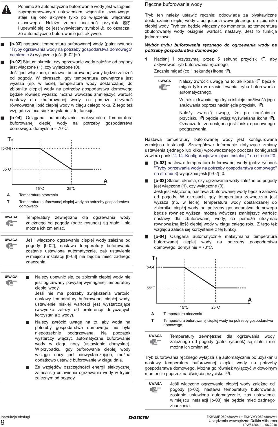 [b-03] nastawa: temperatura buforowanej wody (patrz rysunek "Tryby ogrzewania wody na potrzeby gospodarstwa domowego" na stronie 8) wyłącznie jeśli [b-02]=0.