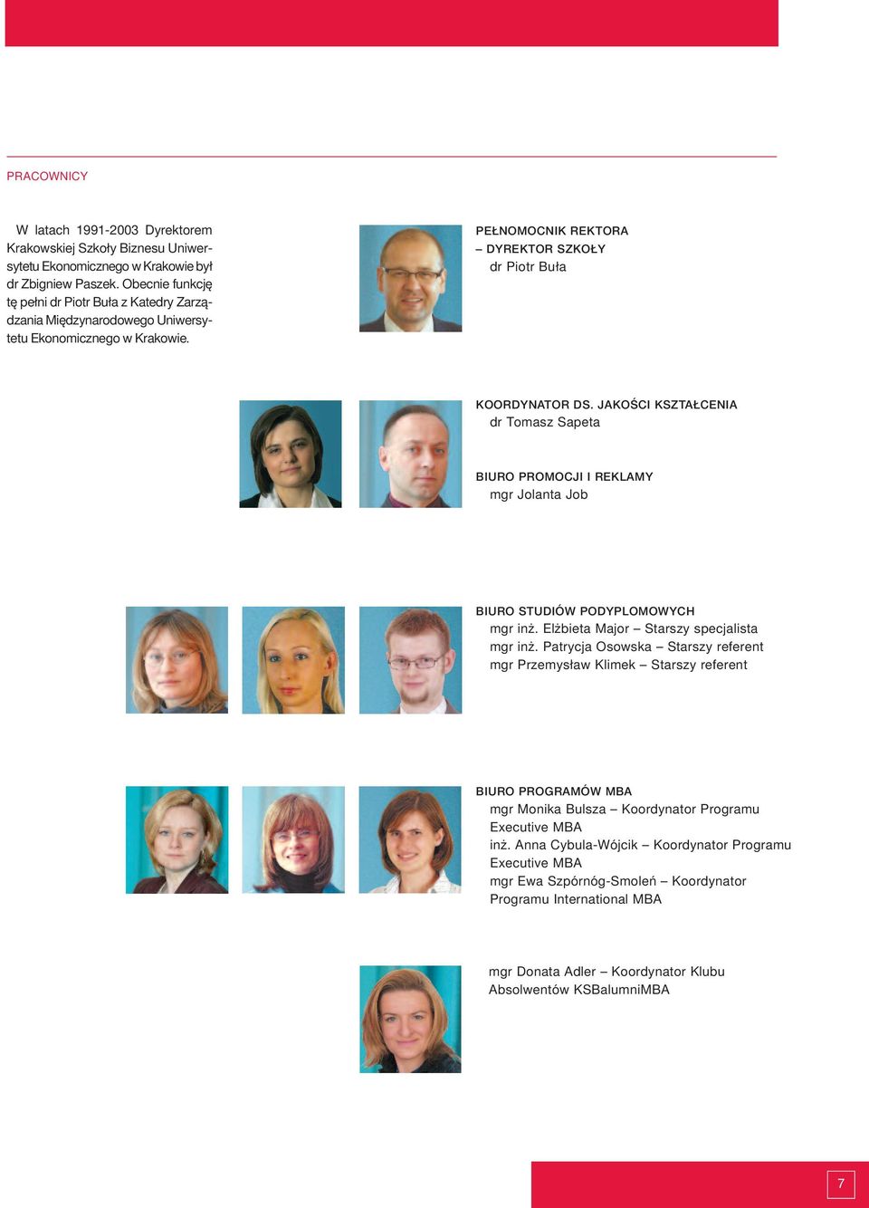 jakości KSztałcEnia dr Tomasz Sapeta BiURo PRomocji i REKlamy mgr Jolanta Job BiURo StUdiów PodyPlomowych mgr inż. Elżbieta Major Starszy specjalista mgr inż.