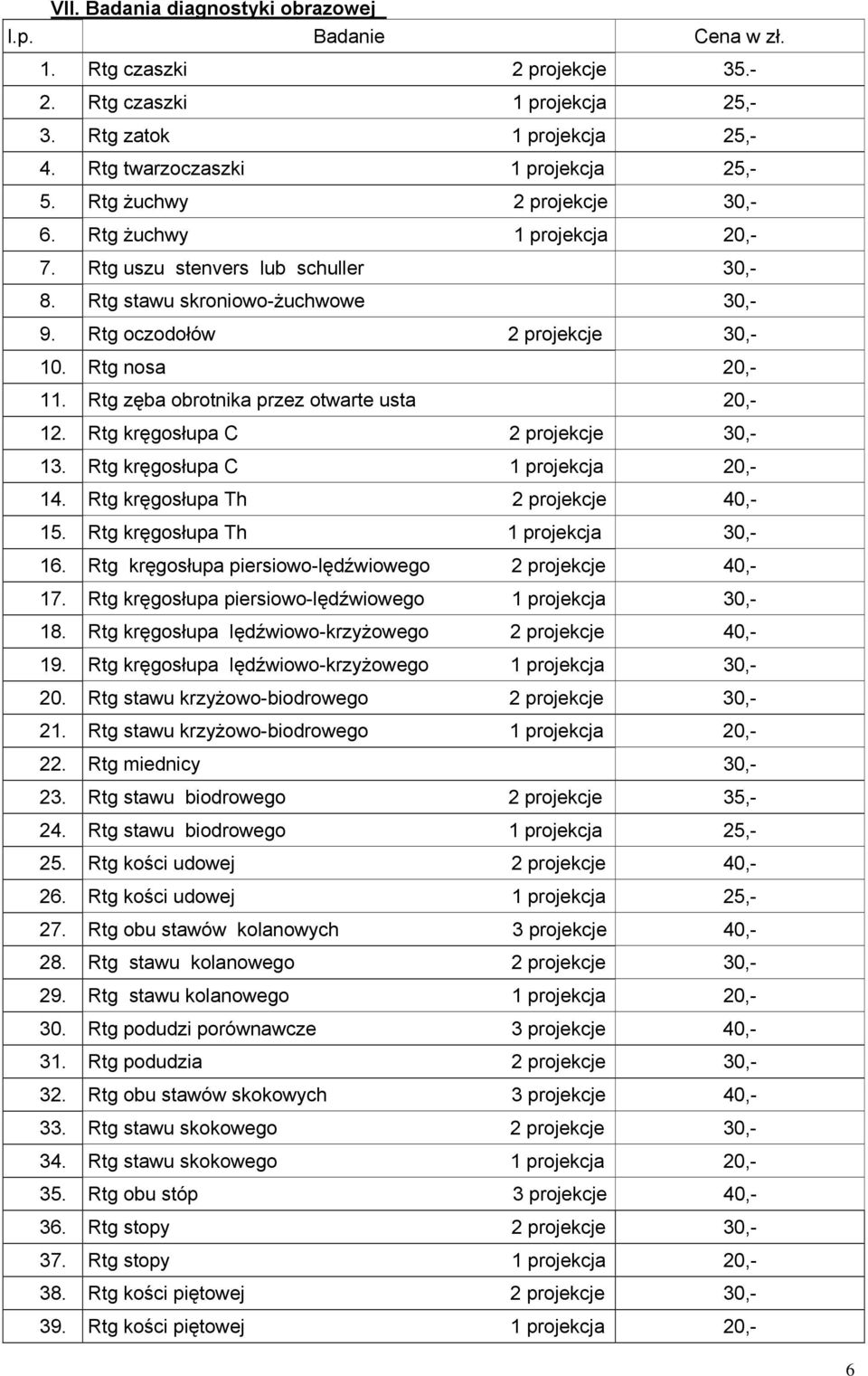 Rtg zęba obrotnika przez otwarte usta 20,- 12. Rtg kręgosłupa C 2 projekcje 30,- 13. Rtg kręgosłupa C 1 projekcja 20,- 14. Rtg kręgosłupa Th 2 projekcje 40,- 15. Rtg kręgosłupa Th 1 projekcja 30,- 16.