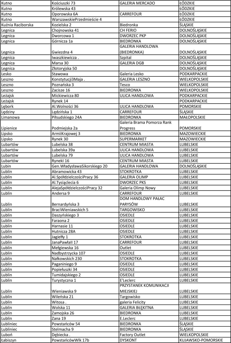 Iwaszkiewicza. Szpital DOLNOŚLĄSKIE Legnica Marsa 30 GALERIA DGB DOLNOŚLĄSKIE Legnica Złotoryjska 50 DOLNOŚLĄSKIE Lesko Stawowa Galeria Lesko PODKARPACKIE Leszno Konstytucji3Maja.