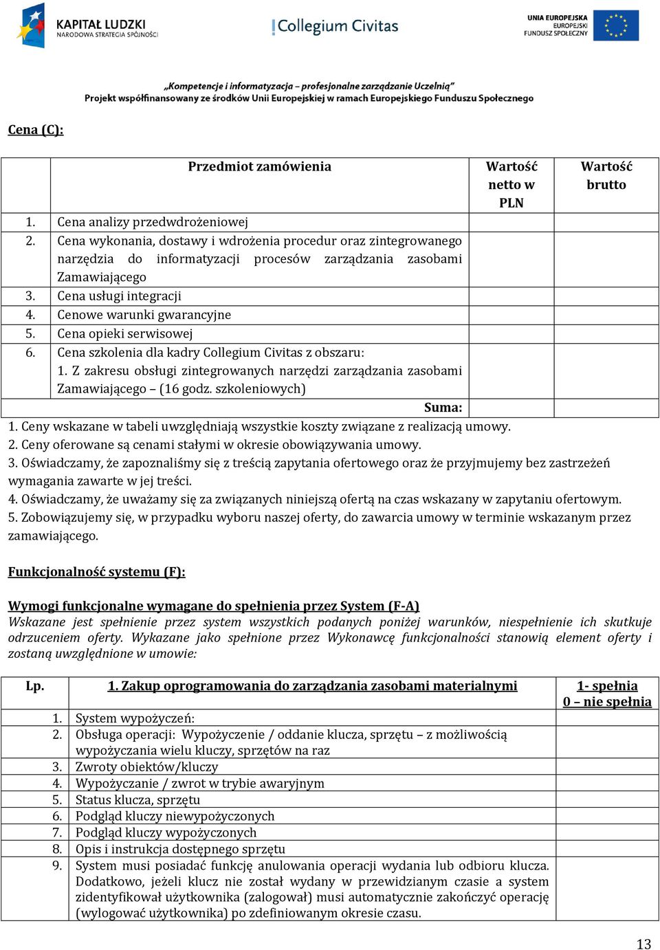 Cena opieki serwisowej 6. Cena szkolenia dla kadry Collegium Civitas z obszaru: 1. Z zakresu obsługi zintegrowanych narzędzi zarządzania zasobami Zamawiającego (16 godz. szkoleniowych) Suma: 1.