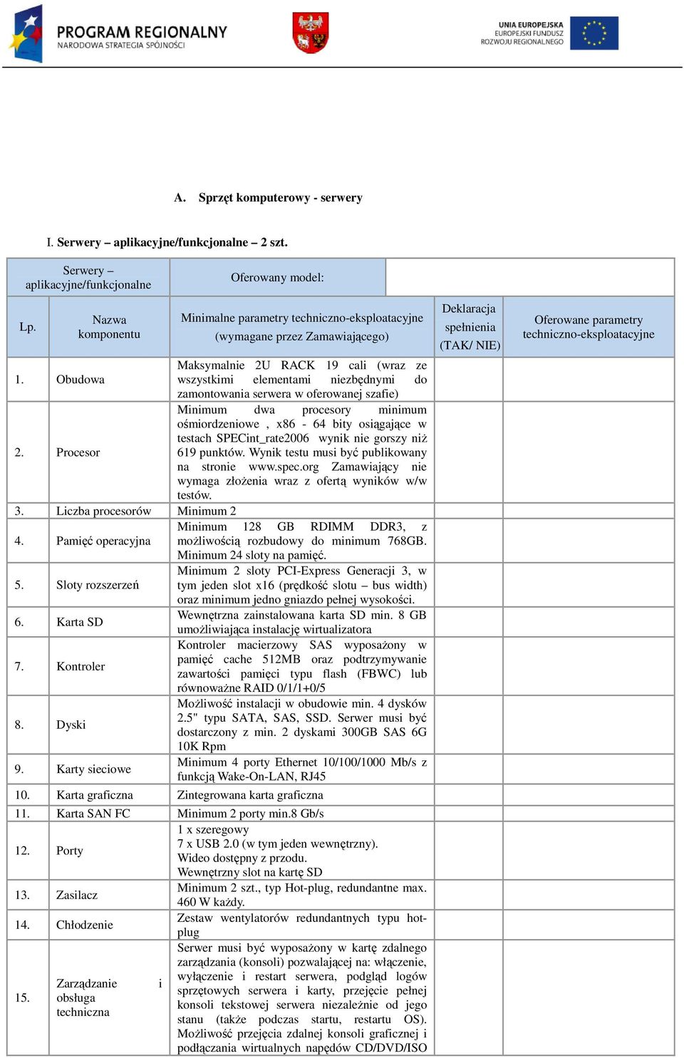 Obudowa wszystkimi elementami niezbędnymi do zamontowania serwera w oferowanej szafie) Minimum dwa procesory minimum 2.