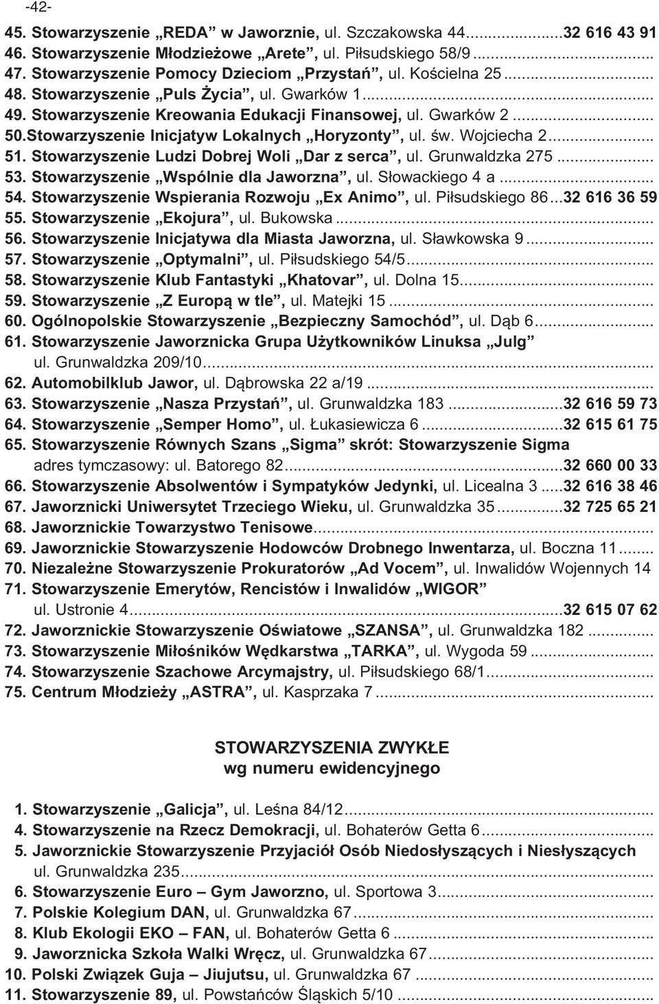 Stowarzyszenie Ludzi Dobrej Woli Dar z serca, ul. Grunwaldzka 275... 53. Stowarzyszenie Wspólnie dla Jaworzna, ul. Słowackiego 4 a... 54. Stowarzyszenie Wspierania Rozwoju Ex Animo, ul.