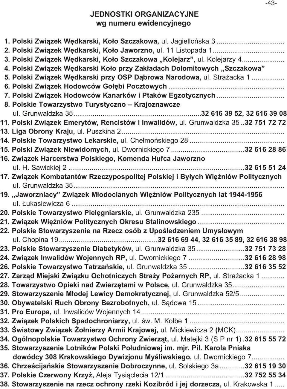 Polski Związek Hodowców Gołębi Pocztowych... 7. Polski Związek Hodowców Kanarków i Ptaków Egzotycznych... 8. Polskie Towarzystwo Turystyczno Krajoznawcze ul. Grunwaldzka 35.