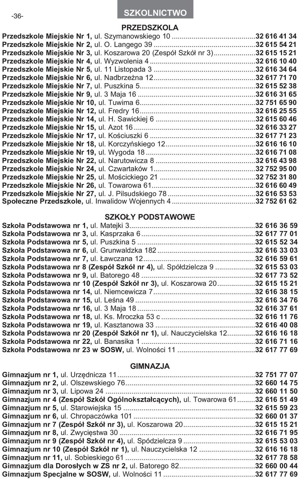 Nadbrzeżna 12...32 617 71 70 Przedszkole Miejskie Nr 7, ul. Puszkina 5...32 615 52 38 Przedszkole Miejskie Nr 9, ul. 3 Maja 16...32 616 31 65 Przedszkole Miejskie Nr 10, ul. Tuwima 6.