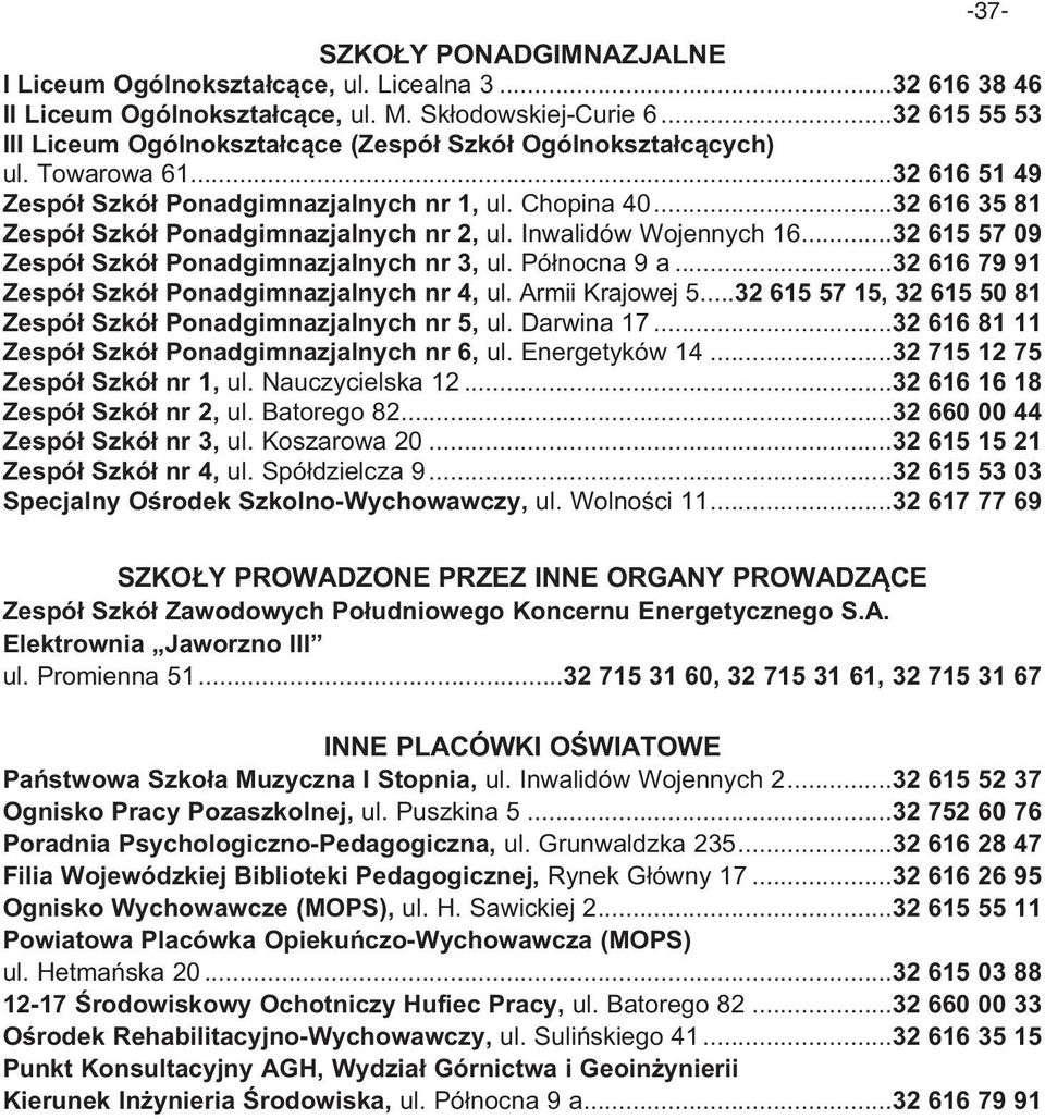 ..32 616 35 81 Zespół Szkół Ponadgimnazjalnych nr 2, ul. Inwalidów Wojennych 16...32 615 57 09 Zespół Szkół Ponadgimnazjalnych nr 3, ul. Północna 9 a.