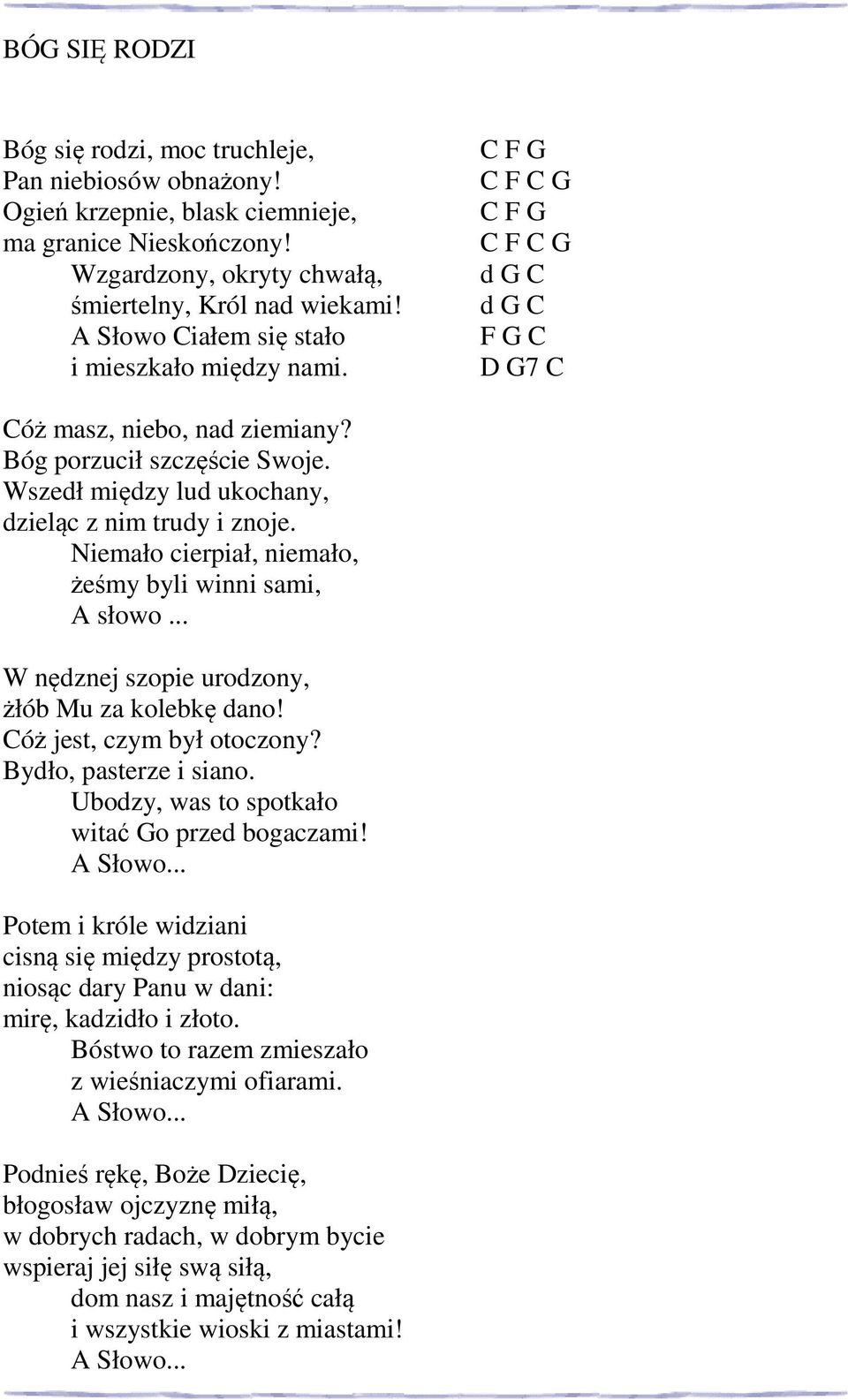 Wszedł między lud ukochany, dzieląc z nim trudy i znoje. Niemało cierpiał, niemało, żeśmy byli winni sami, A słowo... W nędznej szopie urodzony, żłób Mu za kolebkę dano! Cóż jest, czym był otoczony?