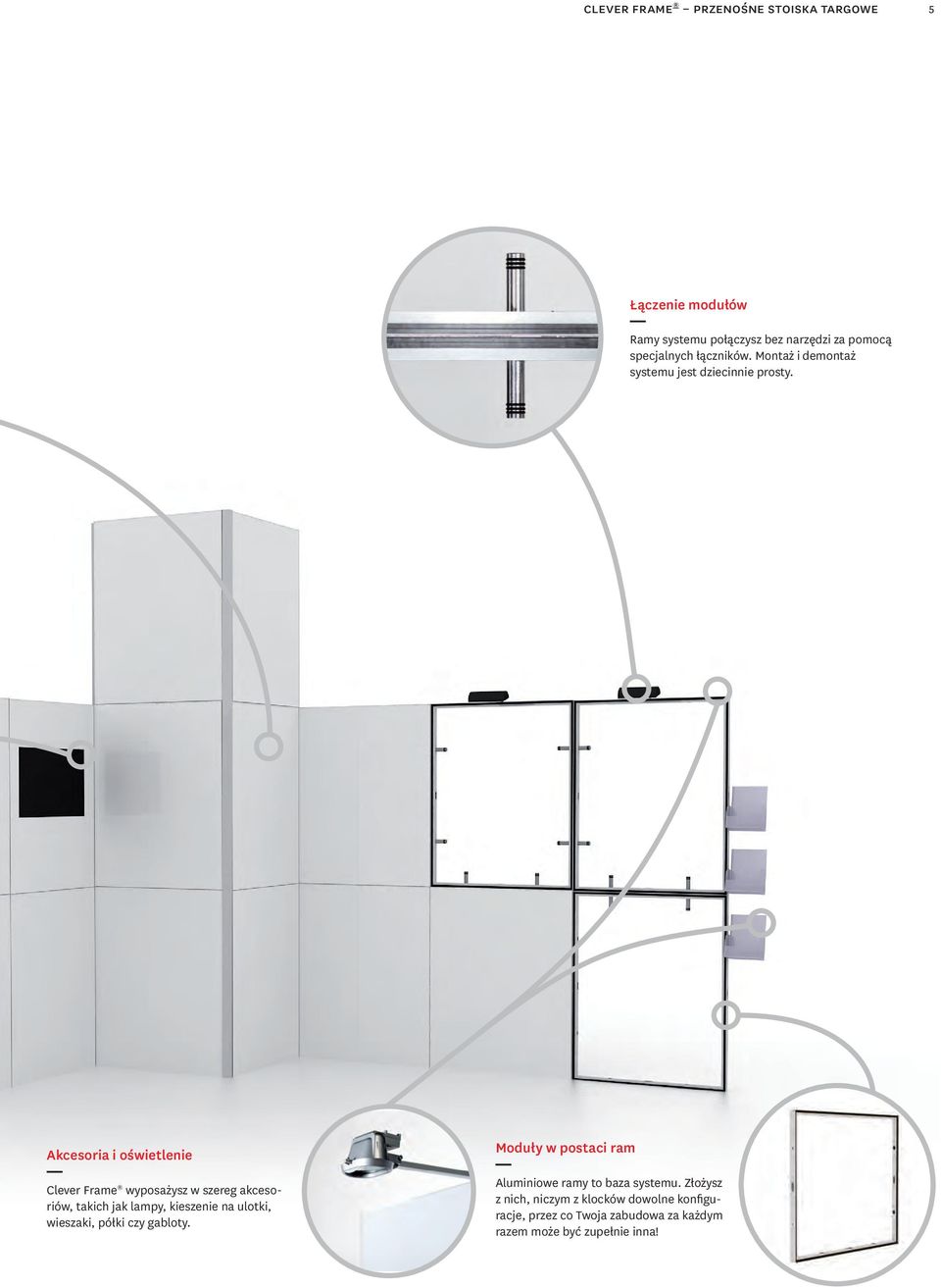 Akcesoria i oświetlenie Clever Frame wyposażysz w szereg akcesoriów, takich jak lampy, kieszenie na ulotki, wieszaki,