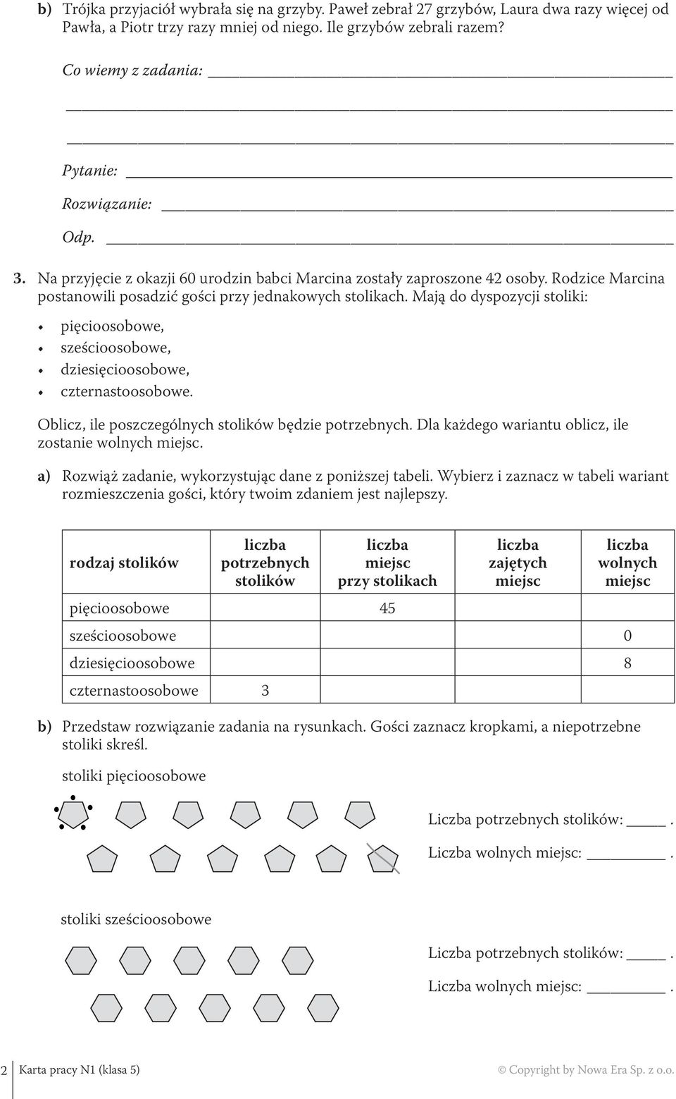 Mają do dyspozycji stoliki: pięcioosobowe, sześcioosobowe, dziesięcioosobowe, czternastoosobowe. Oblicz, ile poszczególnych stolików będzie potrzebnych.