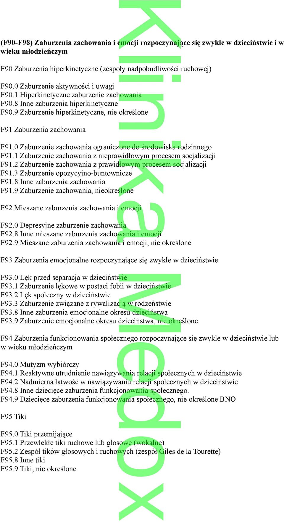 0 Zaburzenie zachowania ograniczone do środowiska rodzinnego F91.1 Zaburzenie zachowania z nieprawidłowym procesem socjalizacji F91.2 Zaburzenie zachowania z prawidłowym procesem socjalizacji F91.