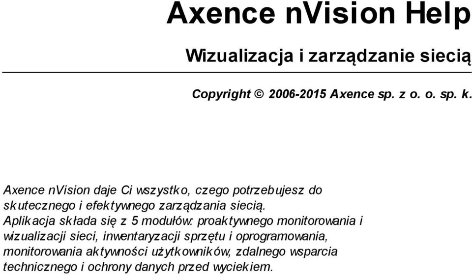 Aplik acja sk łada się z 5 modułów: proak tywnego monitorowania i wizualizacji sieci, inwentaryzacji sprzętu