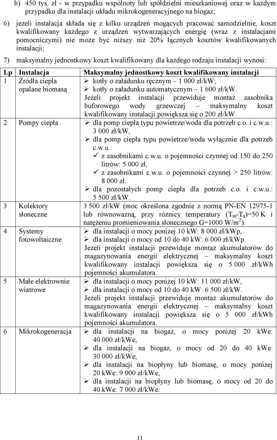 pracować samodzielnie, koszt kwalifikowany każdego z urządzeń wytwarzających energię (wraz z instalacjami pomocniczymi) nie może być niższy niż 20% łącznych kosztów kwalifikowanych instalacji; 7)