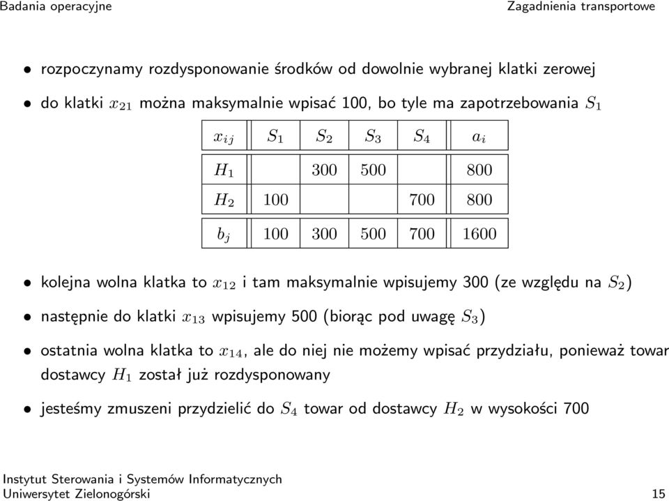 względu na S 2 ) następnie do klatki x 13 wpisujemy 500 (biorąc pod uwagę S 3 ) ostatnia wolna klatka to x 14, ale do niej nie możemy wpisać