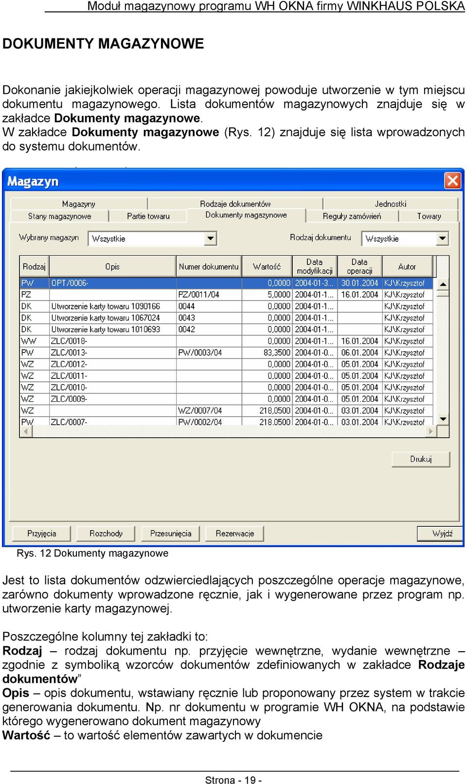 12 Dokumenty magazynowe Jest to lista dokumentów odzwierciedlających poszczególne operacje magazynowe, zarówno dokumenty wprowadzone ręcznie, jak i wygenerowane przez program np.