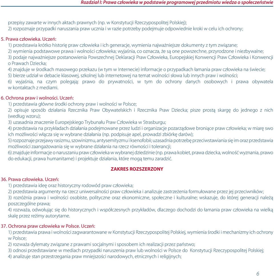 Uczeń: 1) przedstawia krótko historię praw człowieka i ich generacje, wymienia najważniejsze dokumenty z tym związane; 2) wymienia podstawowe prawa i wolności człowieka; wyjaśnia, co oznacza, że są
