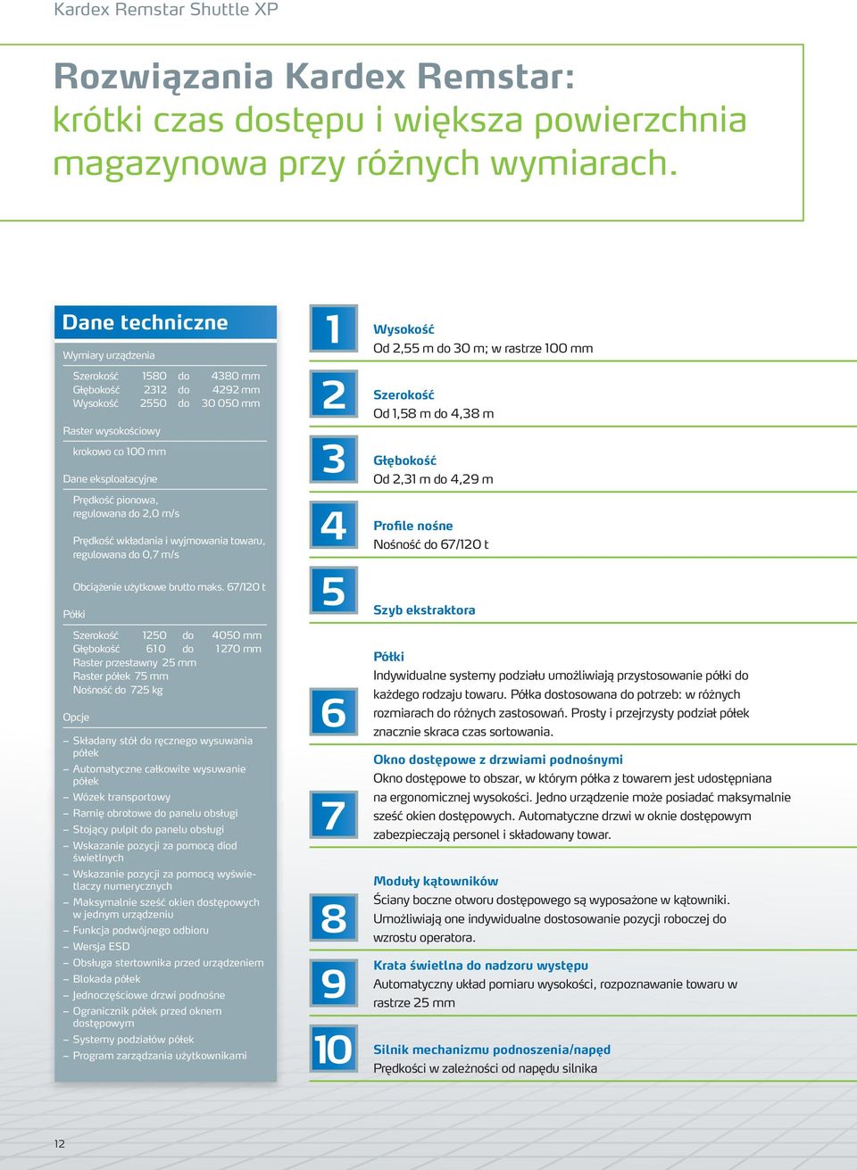 regulowana do 2,0 m/s Prędkość wkładania i wyjmowania towaru, regulowana do 0,7 m/s Obciążenie użytkowe brutto maks.