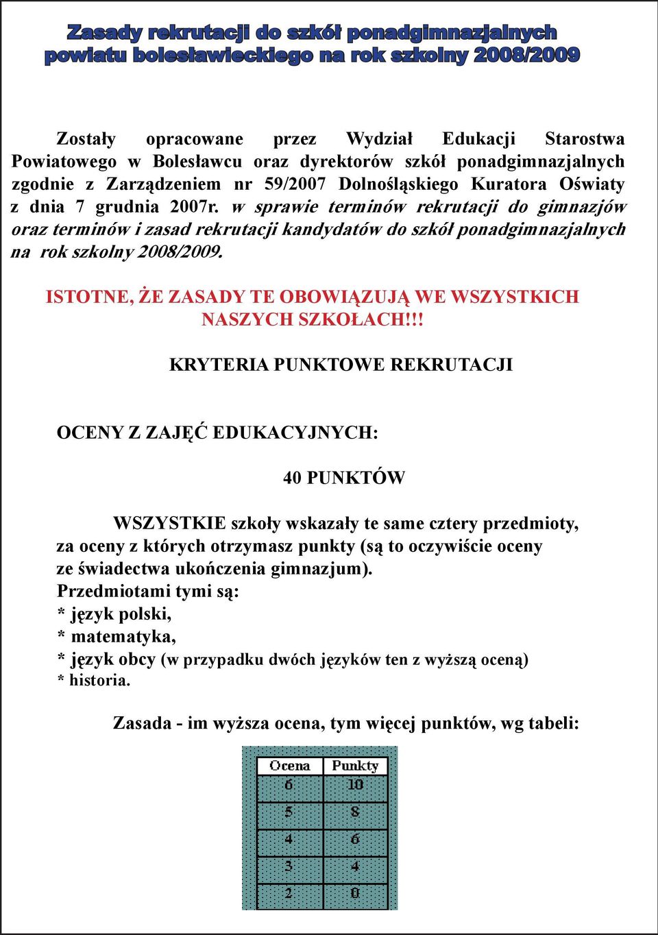 w sprawie terminów rekrutacji do gimnazjów oraz terminów i zasad rekrutacji kandydatów do szkół ponadgimnazjalnych na rok szkolny 2008/2009.