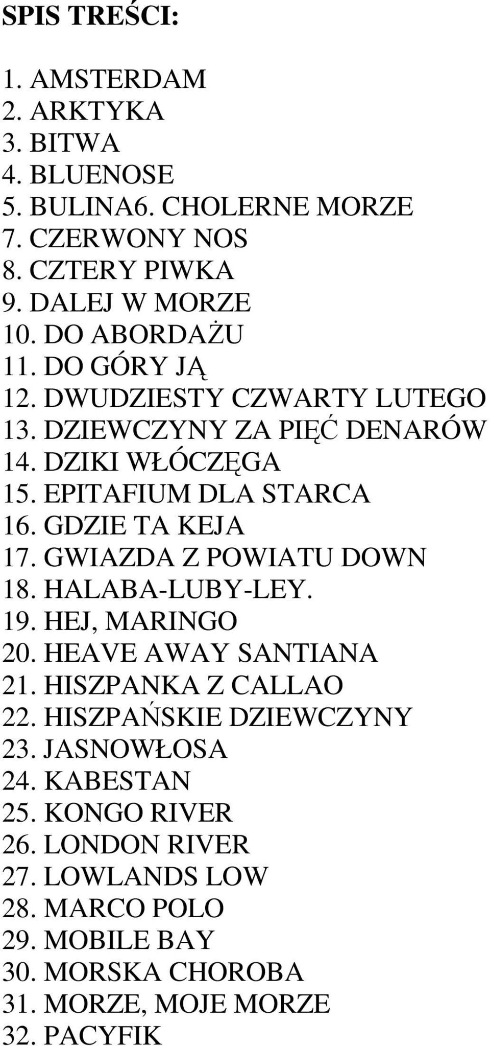 GDZIE TA KEJA 17. GWIAZDA Z POWIATU DOWN 18. HALABA-LUBY-LEY. 19. HEJ, MARINGO 20. HEAVE AWAY SANTIANA 21. HISZPANKA Z CALLAO 22.