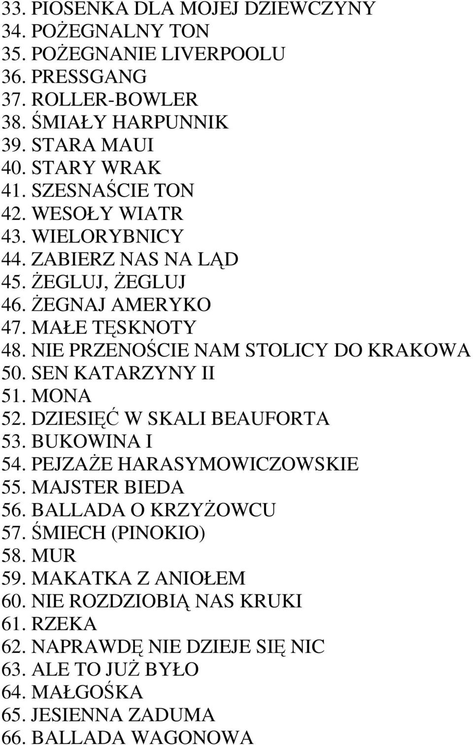 NIE PRZENOŚCIE NAM STOLICY DO KRAKOWA 50. SEN KATARZYNY II 51. MONA 52. DZIESIĘĆ W SKALI BEAUFORTA 53. BUKOWINA I 54. PEJZAśE HARASYMOWICZOWSKIE 55. MAJSTER BIEDA 56.