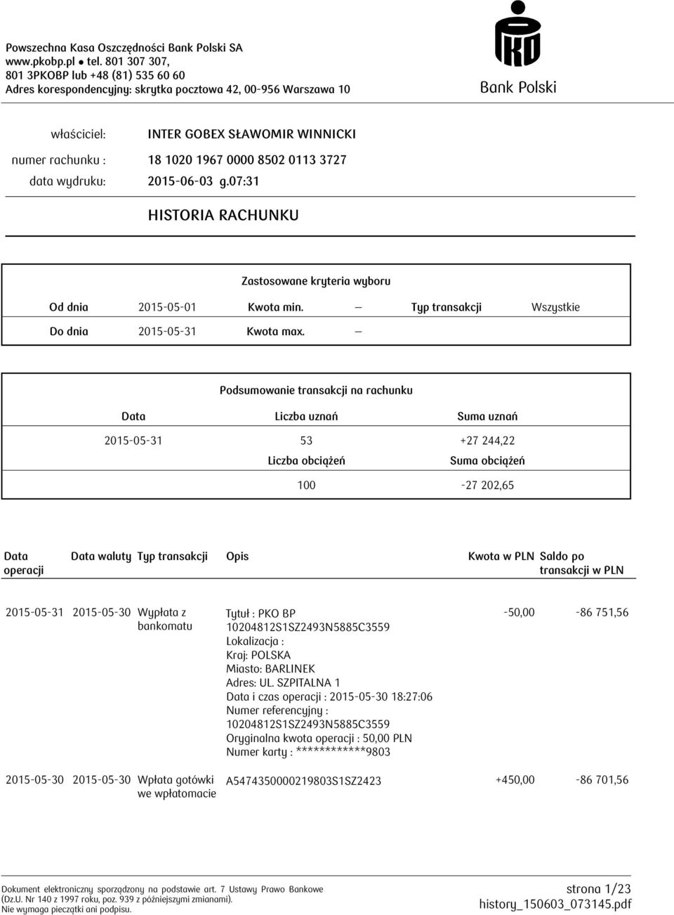 Zastosowane kryteria wyboru Od dnia 2015-05-01 Kwota min. Typ transakcji Wszystkie Do dnia 2015-05-31 Kwota max.