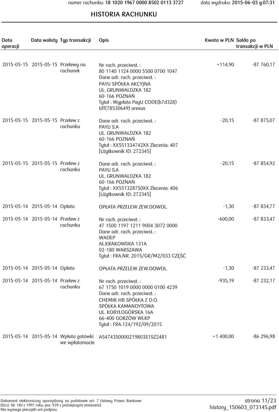 2015-05-14 Opłata OPŁATA PRZELEW ZEW.DOWOL. -1,30-87 834,77 2015-05-14 2015-05-14 Przelew z 47 1500 1197 1211 9004 3072 0000 WADEP AL.KRAKOWSKA 131A 02-180 WARSZAWA Tytuł : FRA.NR.