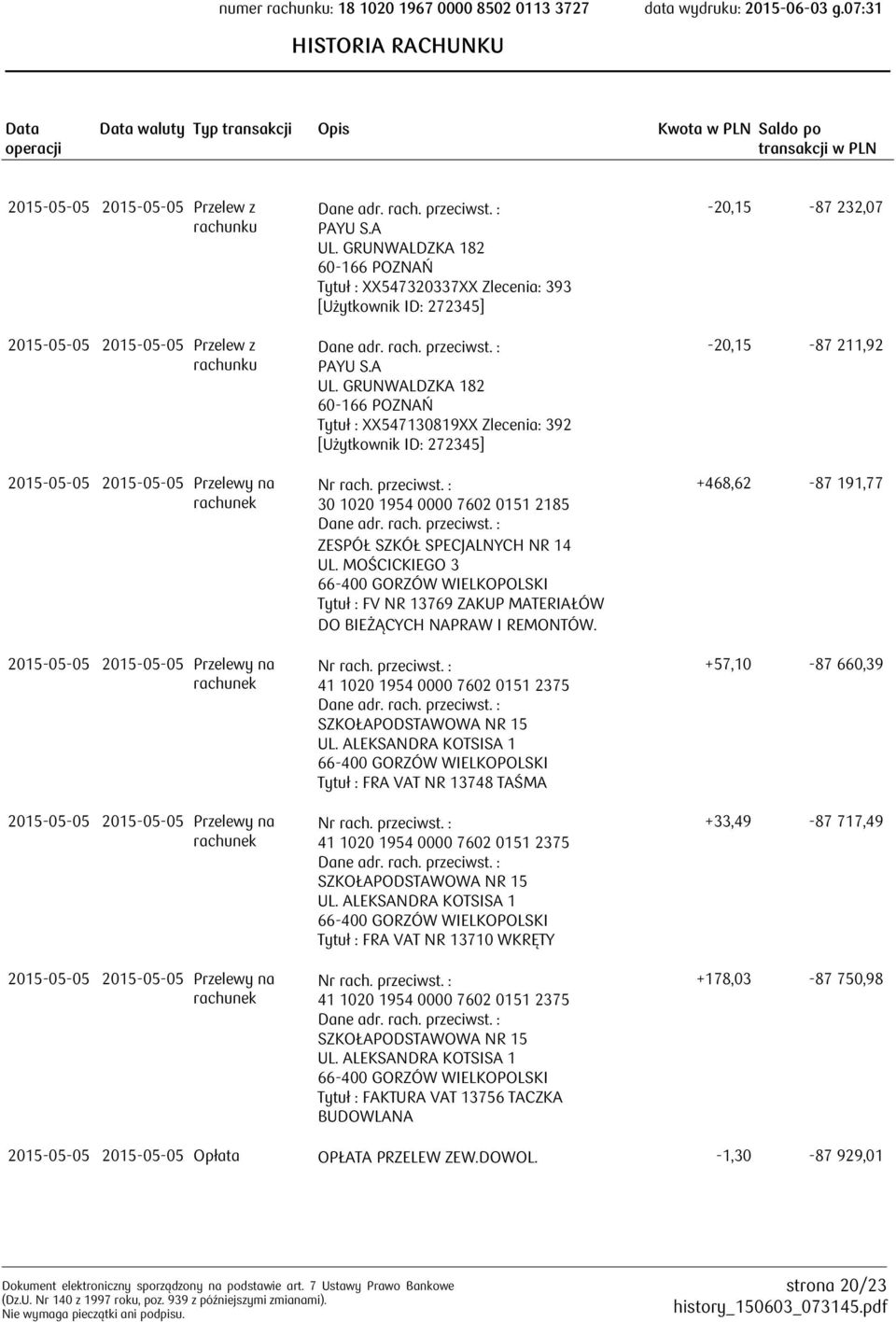 ZESPÓŁ SZKÓŁ SPECJALNYCH NR 14 UL. MOŚCICKIEGO 3 Tytuł : FV NR 13769 ZAKUP MATERIAŁÓW DO BIEŻĄCYCH NAPRAW I REMONTÓW. 41 1020 1954 0000 7602 0151 2375 SZKOŁAPODSTAWOWA NR 15 UL.