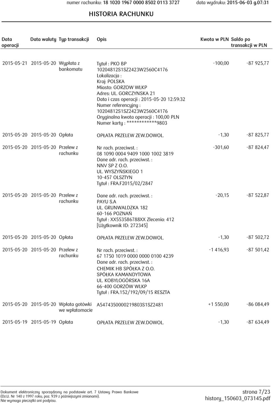 GORCZYNSKA 21 i czas : 2015-05-20 12:59:32 Numer referencyjny : 10204812S1SZ2423W2560C4176 Oryginalna kwota : 100,00 PLN Numer karty : ************9803-100,00-87 925,77 2015-05-20 2015-05-20 Opłata