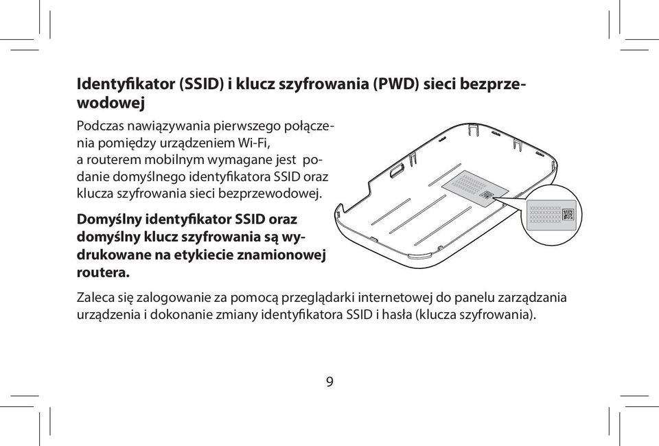 Domyślny identyfikator SSID oraz domyślny klucz szyfrowania są wydrukowane na etykiecie znamionowej routera.