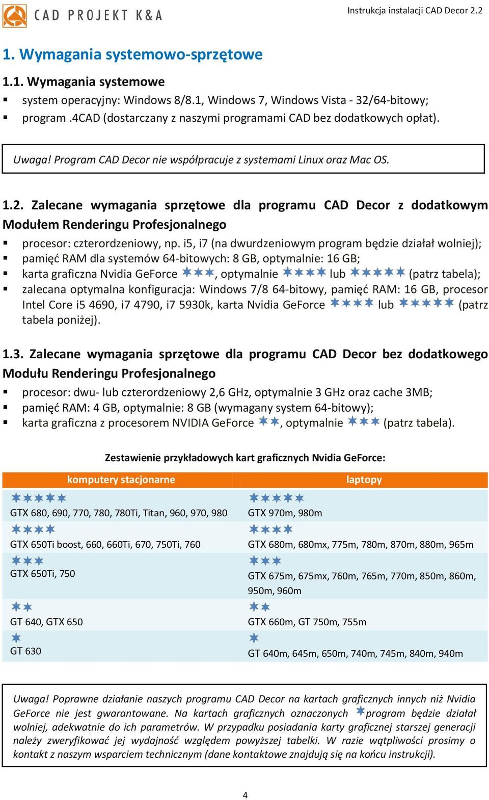 Zalecane wymagania sprzętowe dla programu CAD Decor z dodatkowym Modułem Renderingu Profesjonalnego procesor: czterordzeniowy, np.