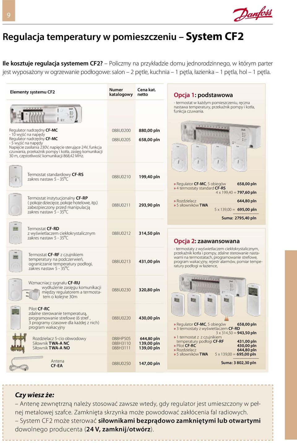 Elementy systemu CF2 Numer katalogowy Cena kat. netto Opcja 1: podstawowa - termostat w każdym pomieszczeniu, ręczna nastawa temperatury, przekaźnik pompy i kotła, funkcja czuwania.