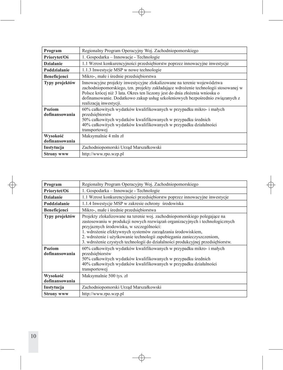 1 Wzrost konkurencyjnoœci przedsiêbiorstw poprzez innowacyjne inwestycje 1.1.3 Inwestycje MSP w nowe technologie Mikro, ma³e i œrednie przedsiêbiorstwa Innowacyjne projekty inwestycyjne zlokalizowane na terenie województwa zachodniopomorskiego, tzn.