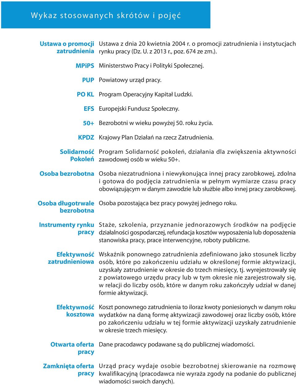 KPDZ Solidarność Pokoleń Osoba bezrobotna Osoba długotrwale bezrobotna Instrumenty rynku pracy Efektywność zatrudnieniowa Efektywność kosztowa Otwarta oferta pracy Zamknięta oferta pracy Krajowy Plan
