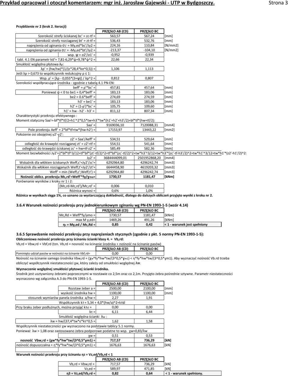naprężenia od zginania σ2' = -My,ed*bt'/Jy2 = -213,37-104,10 [N/mm2] wsp. ψ = σ2'/σ1' = -0,952-0,939 tabl. 4.