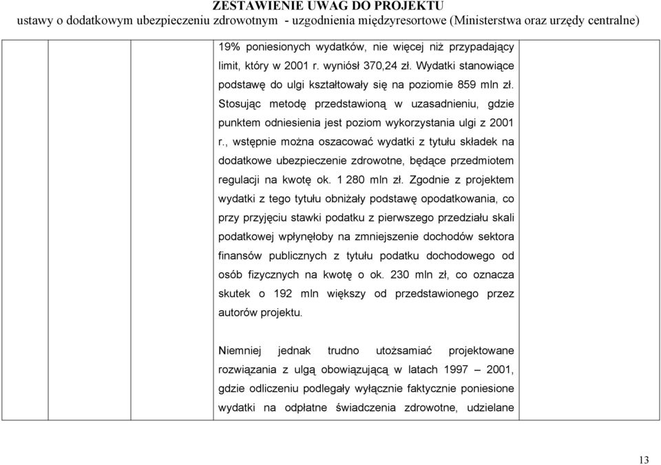 , wstępnie można oszacować wydatki z tytułu składek na dodatkowe ubezpieczenie zdrowotne, będące przedmiotem regulacji na kwotę ok. 1 280 mln zł.