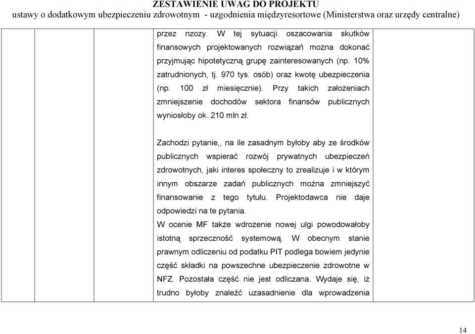 Zachodzi pytanie,, na ile zasadnym byłoby aby ze środków publicznych wspierać rozwój prywatnych ubezpieczeń zdrowotnych, jaki interes społeczny to zrealizuje i w którym innym obszarze zadań