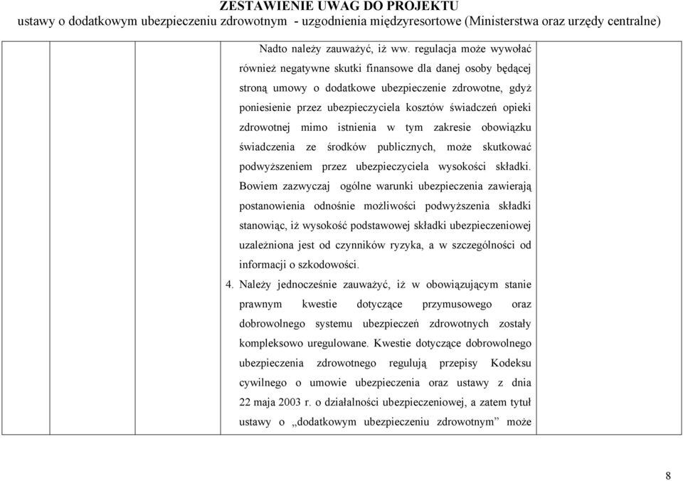 zdrowotnej mimo istnienia w tym zakresie obowiązku świadczenia ze środków publicznych, może skutkować podwyższeniem przez ubezpieczyciela wysokości składki.