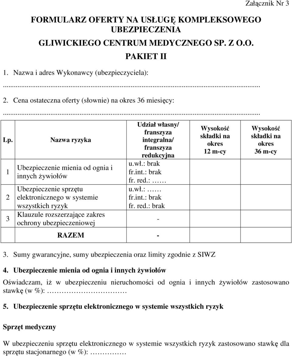 1 2 3 Nazwa ryzyka Ubezpieczenie mienia od ognia i innych żywiołów Ubezpieczenie sprzętu elektronicznego w systemie wszystkich ryzyk Klauzule rozszerzające zakres ochrony ubezpieczeniowej Udział