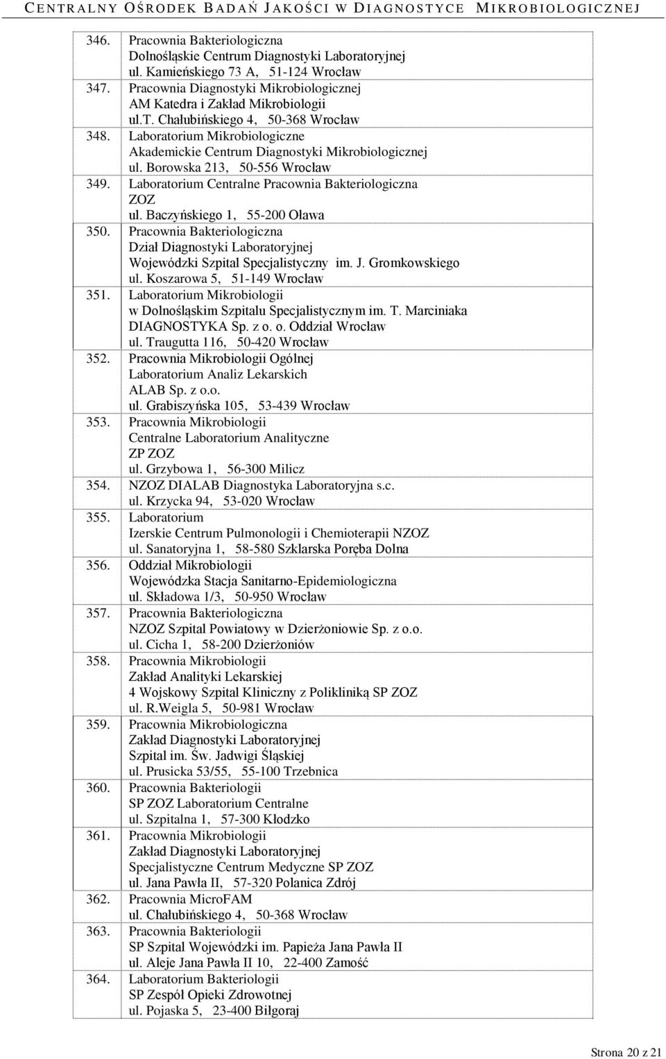 Laboratorium Centralne Pracownia Bakteriologiczna ul. Baczyńskiego 1, 55-200 Oława 350. Pracownia Bakteriologiczna Dział Diagnostyki Laboratoryjnej Wojewódzki Szpital Specjalistyczny im. J.