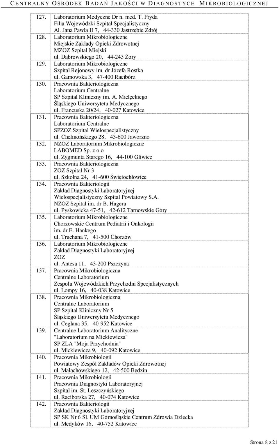 Gamowska 3, 47-400 Racibórz 130. Pracownia Bakteriologiczna Laboratorium Centralne SP Szpital Kliniczny im. A. Mielęckiego Śląskiego Uniwersytetu Medycznego ul. Francuska 20/24, 40-027 Katowice 131.