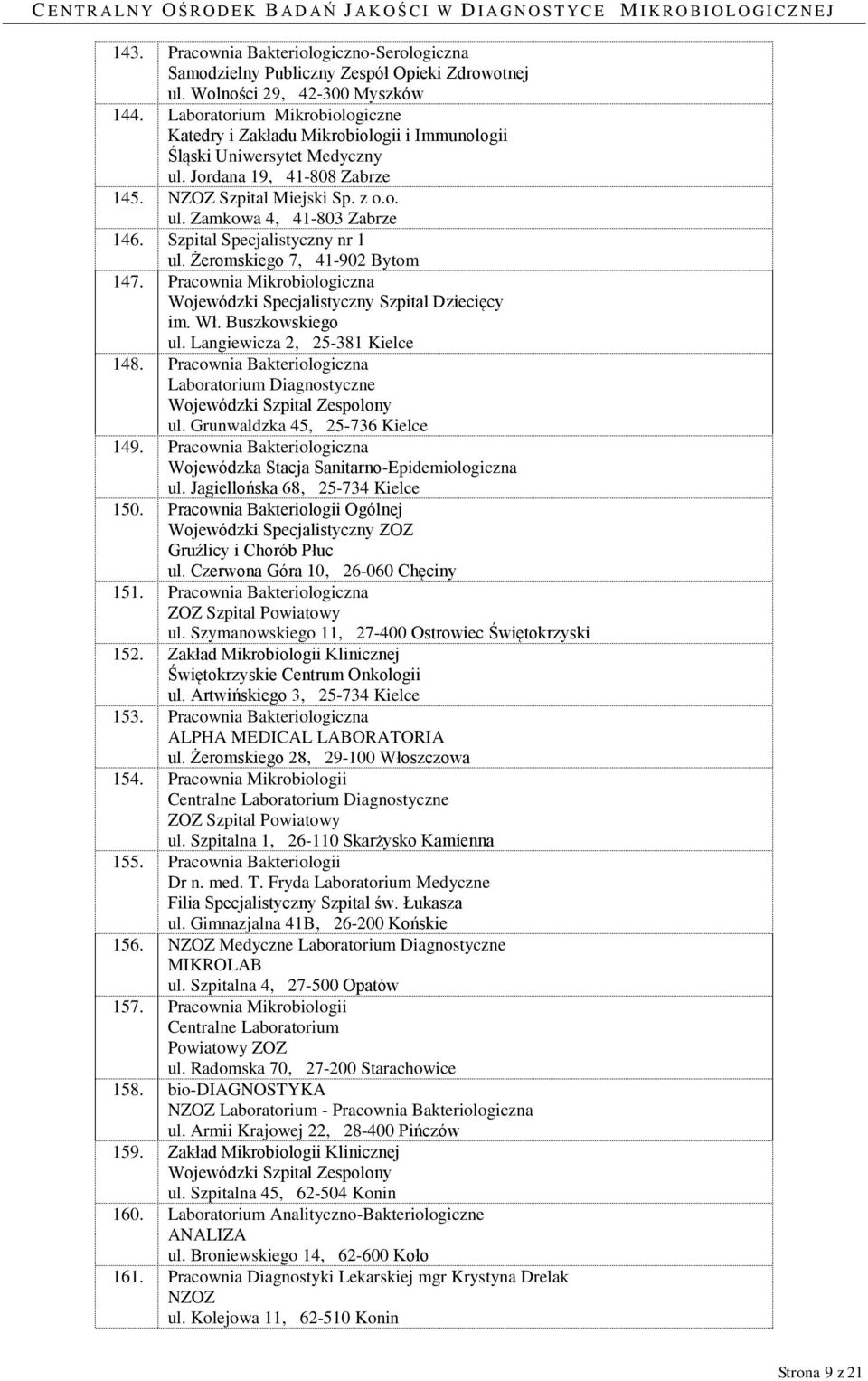 Szpital Specjalistyczny nr 1 ul. Żeromskiego 7, 41-902 Bytom 147. Pracownia Mikrobiologiczna Wojewódzki Specjalistyczny Szpital Dziecięcy im. Wł. Buszkowskiego ul. Langiewicza 2, 25-381 Kielce 148.
