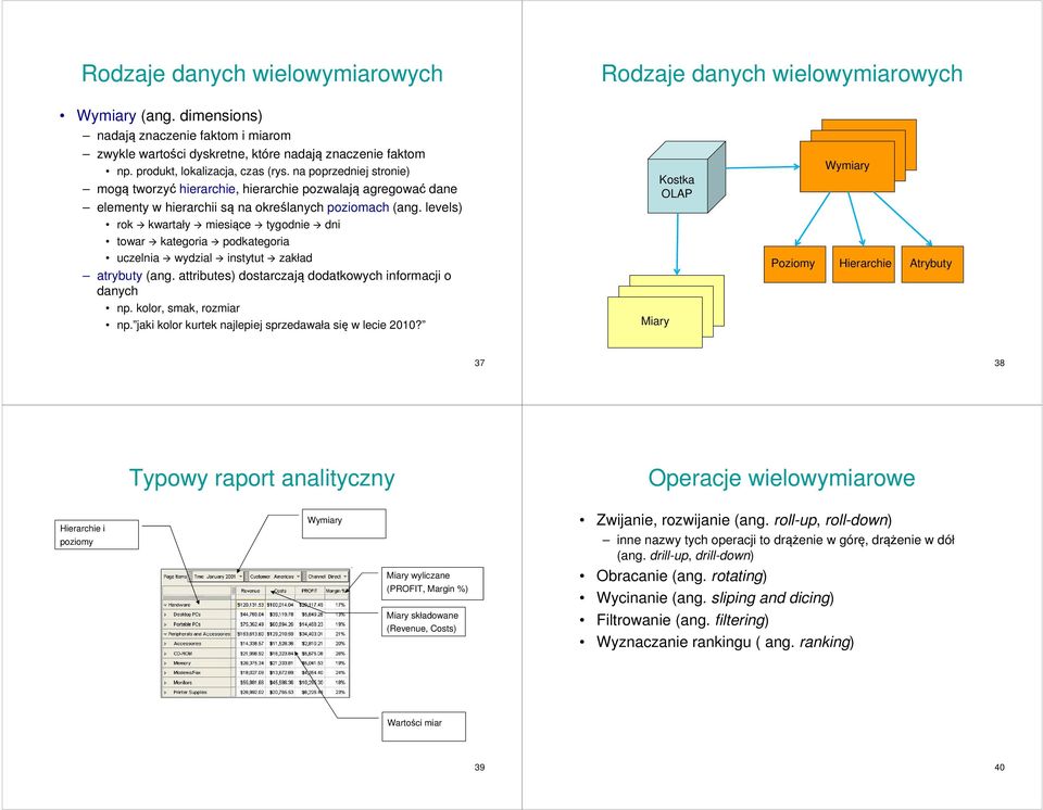 levels) rok kwartały miesiące tygodnie dni towar kategoria podkategoria uczelnia wydzial instytut zakład atrybuty (ang. attributes) dostarczają dodatkowych informacji o danych np.